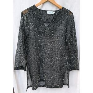 Lulu-B Net Mesh Top Black White M Mermaid Fishnet Coastal Opel Knit Sharkbite